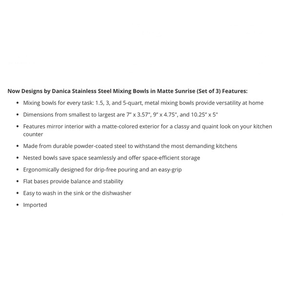 stainless steel & matte “yellow sunrise” 1.5, 3 & 5 quart set of 3 bowls-NWT - Picture 2 of 16